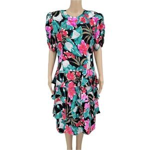 Maggy London by Jeannene Booher 80s Silk Tropical Dress Women's Plus Size 14